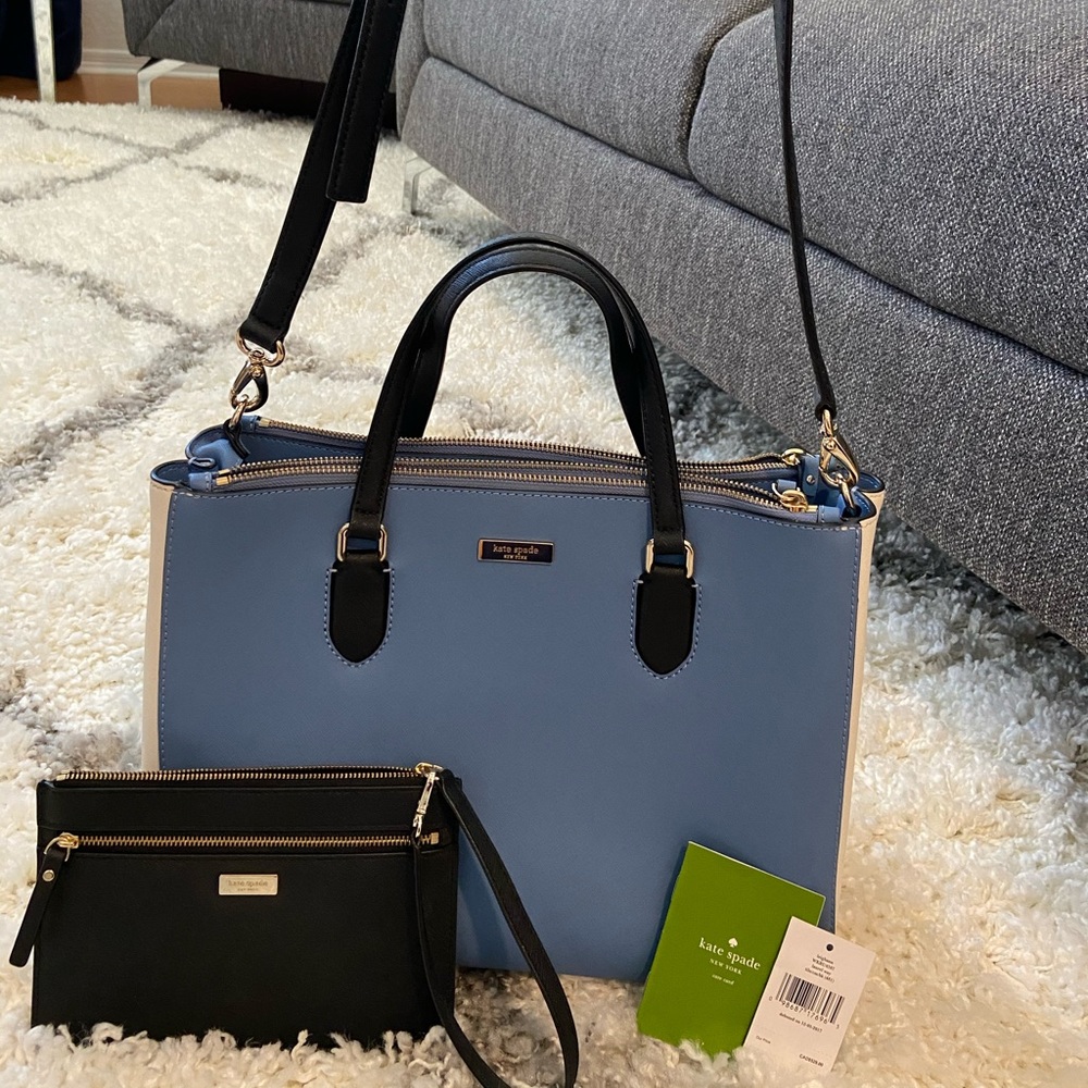 NWT Kate Spade blue back white bag black wristlet